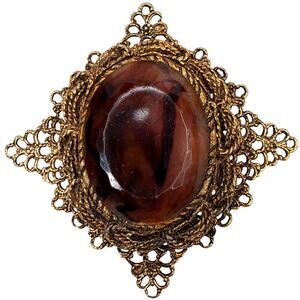 Gold Filigree Brooch Concave Oval Amber Colored Cabochon Vtg 3" Brooch Unsigned